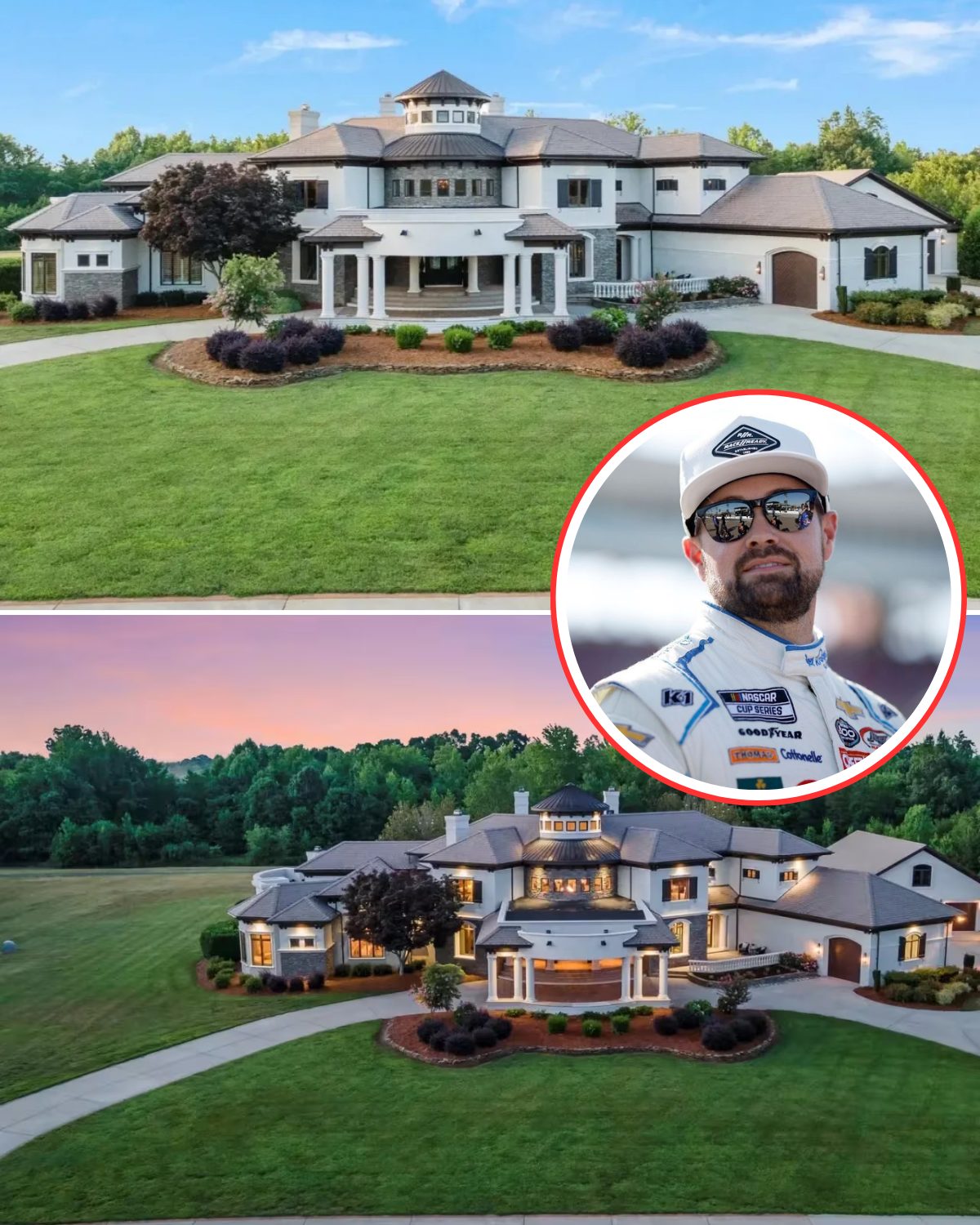 Cover Image for Star of NASCAR, Ricky Stenhouse Jr. owns the opulent $16 million estate in North Carolina, which features equestrian amenities and a two-story infinity-edge pool